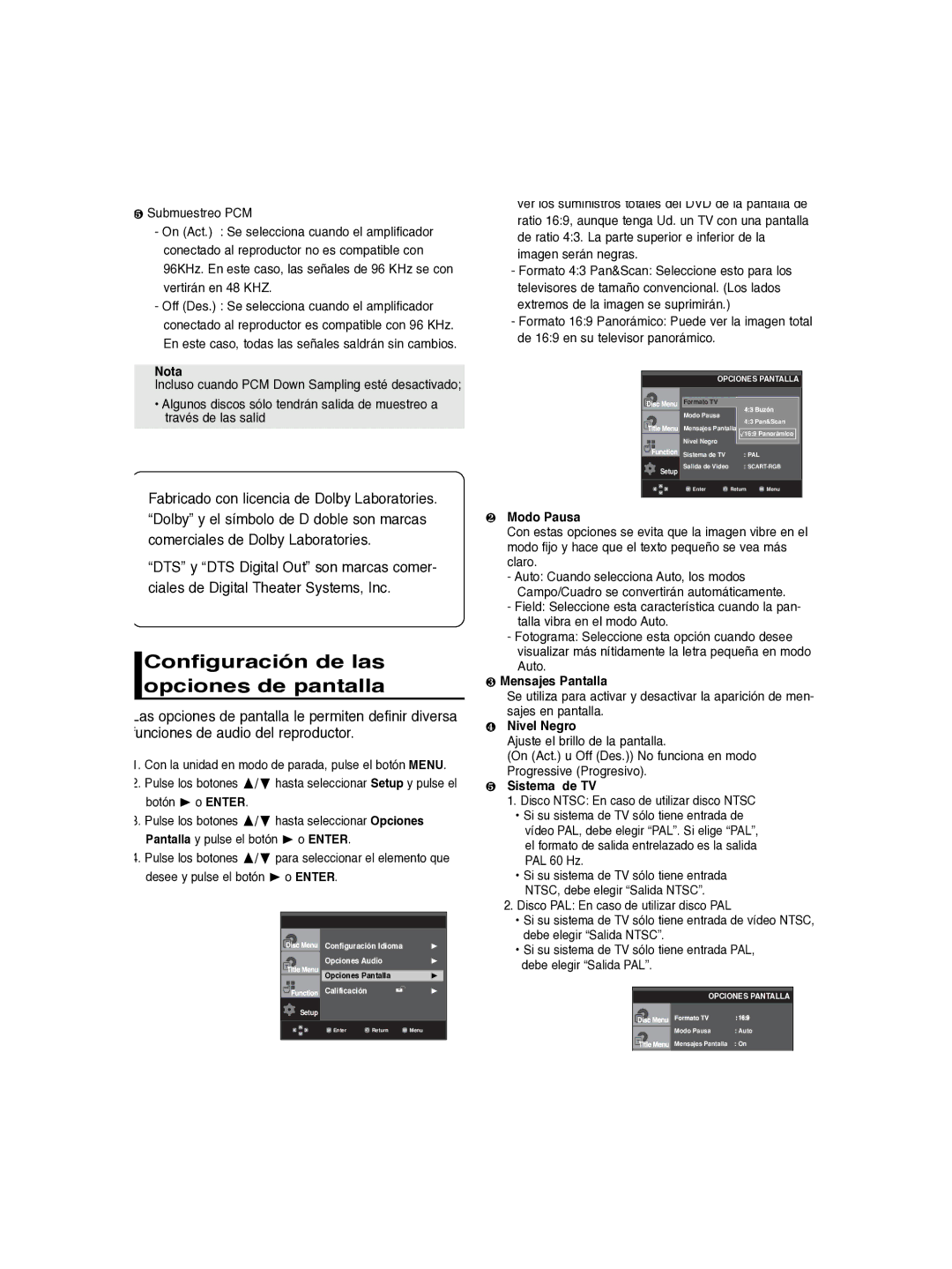 Samsung DVD-P260K/AFR manual Configuración de las opciones de pantalla, ❷ Modo Pausa, ❸ Mensajes Pantalla, ❹ Nivel Negro 