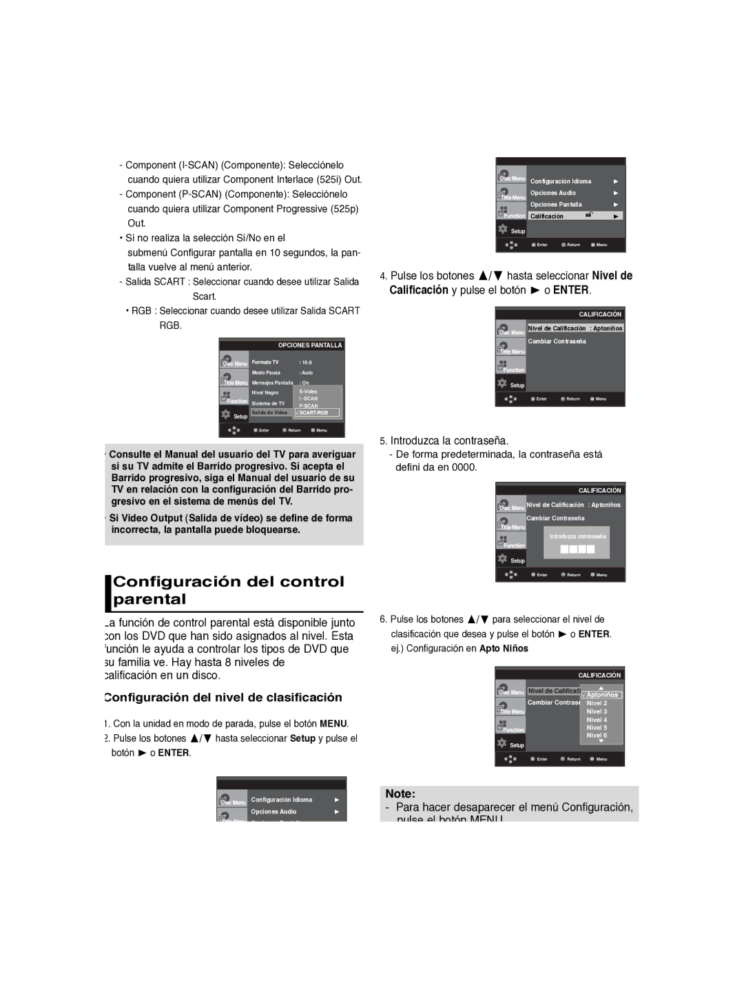 Samsung DVD-P260K/AFR manual Configuración del control parental, Configuración del nivel de clasificación 