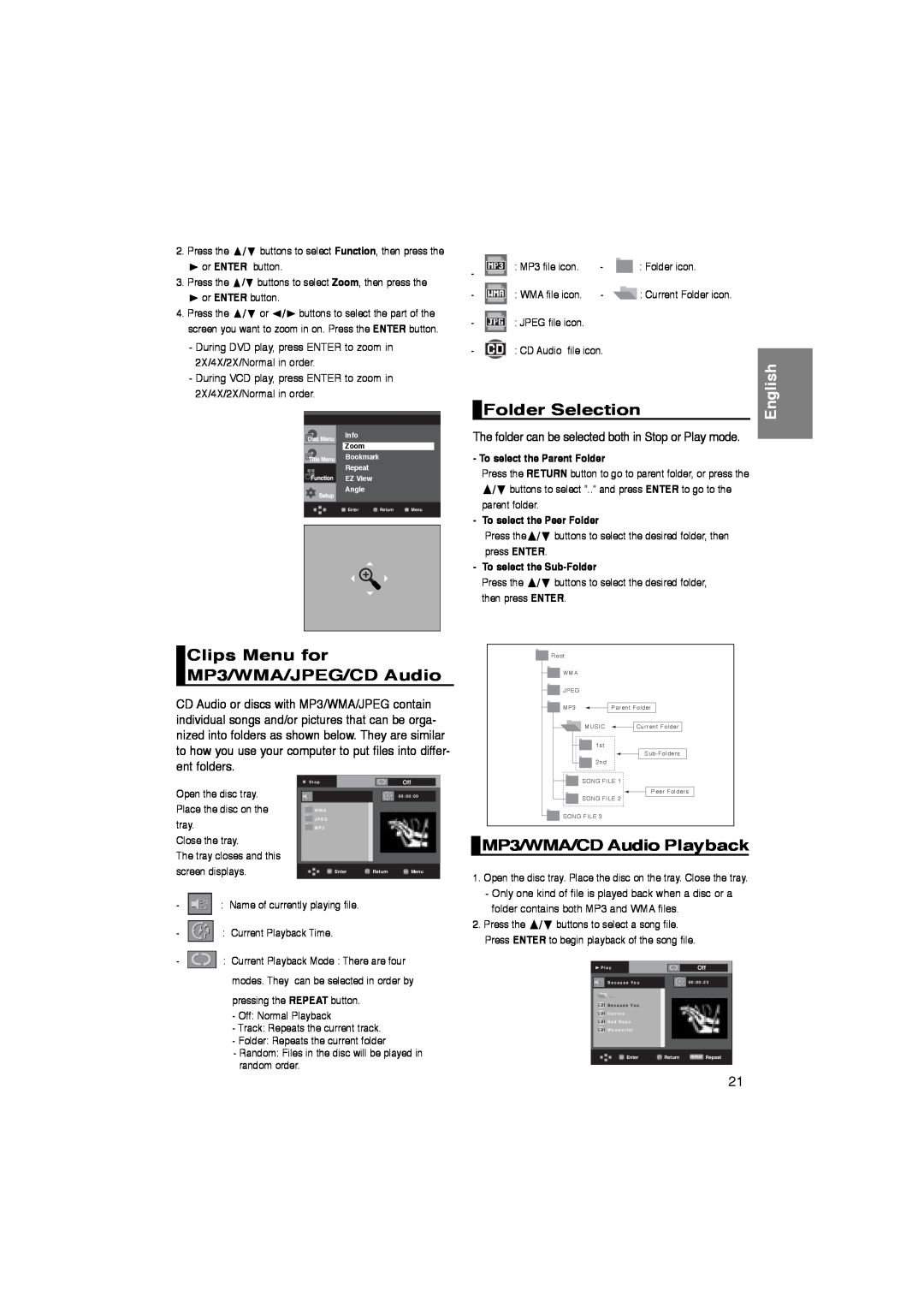 Samsung DVD-P260K/AFR manual Clips Menu for MP3/WMA/JPEG/CD Audio, Folder Selection, MP3/WMA/CD Audio Playback, English 