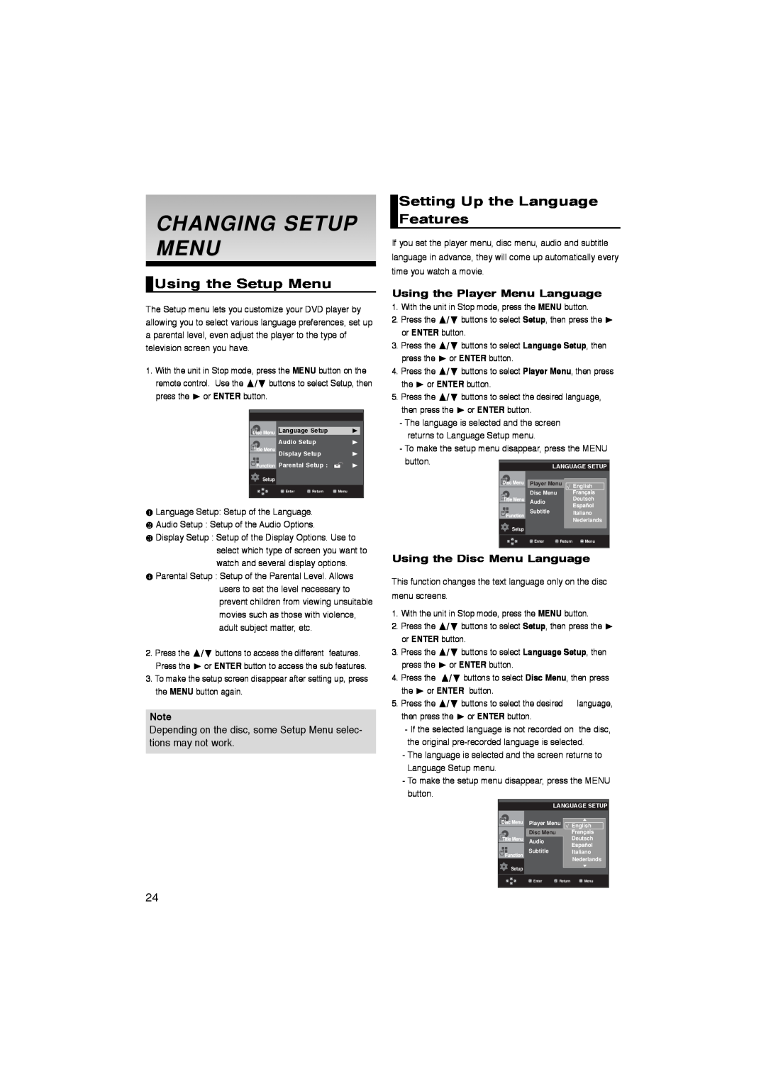 Samsung DVD-P260K/AFR manual Changing Setup Menu, Using the Setup Menu, Setting Up the Language Features, press the 