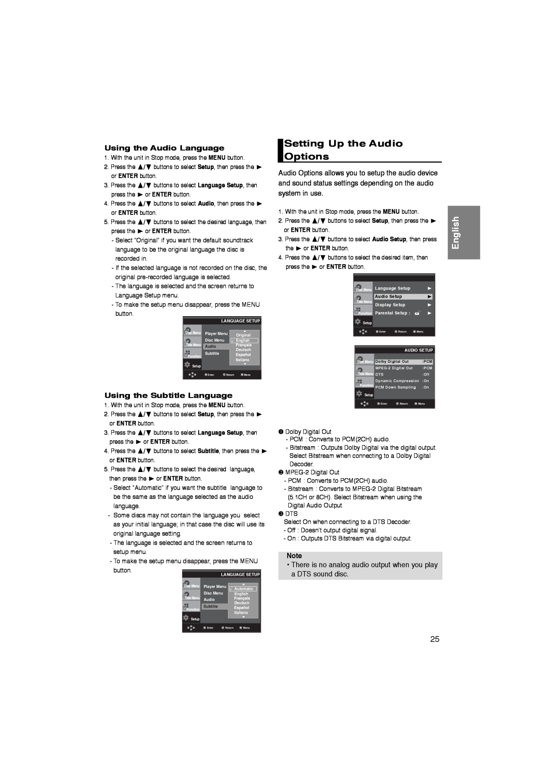 Samsung DVD-P260K/AFR manual Setting Up the Audio Options, Using the Audio Language, Using the Subtitle Language, English 