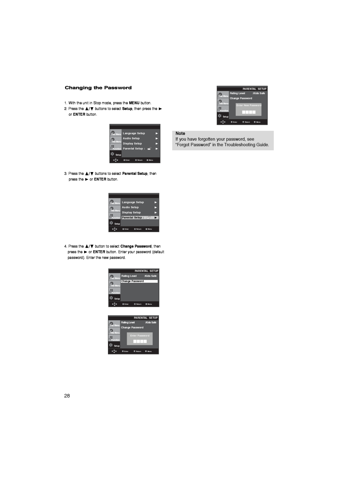 Samsung DVD-P260K/AFR manual Changing the Password, Parental Setup 