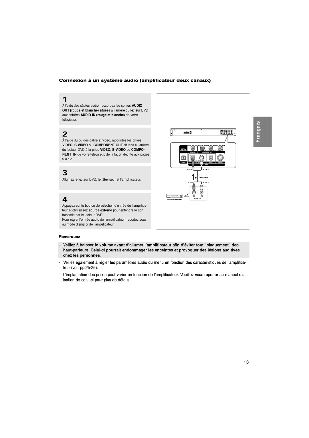 Samsung DVD-P260K/AFR manual Connexion à un système audio amplificateur deux canaux, Remarquez, Français 