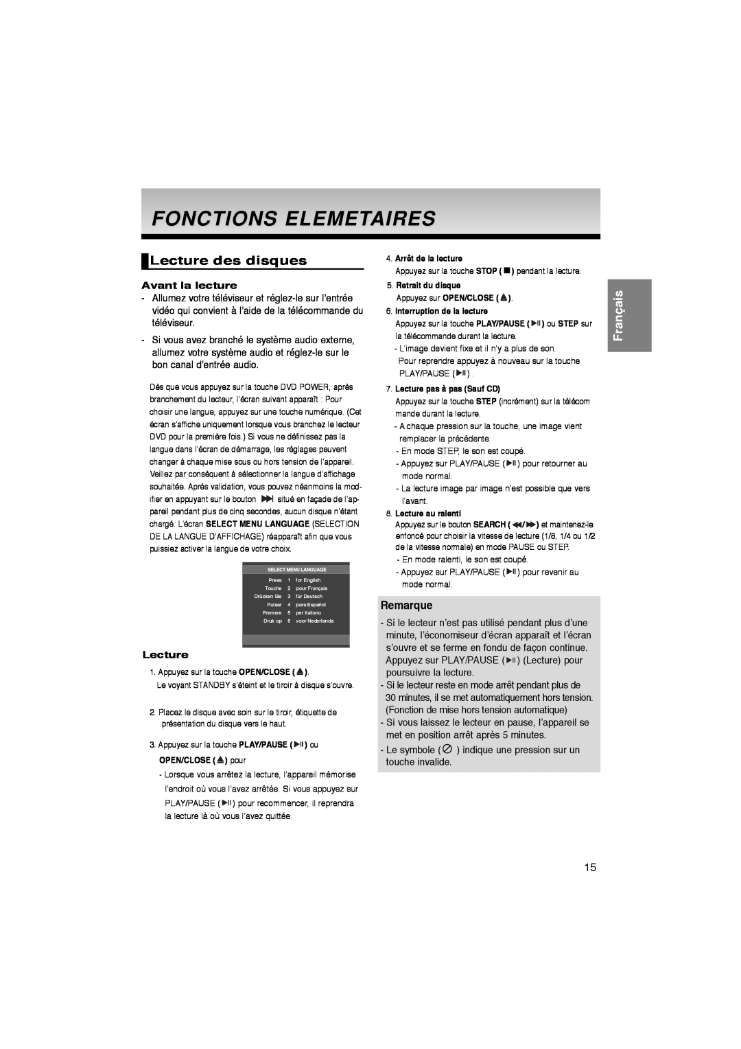 Samsung DVD-P260K/AFR manual Fonctions Elemetaires, Lecture des disques, Remarque, Avant la lecture, Français 