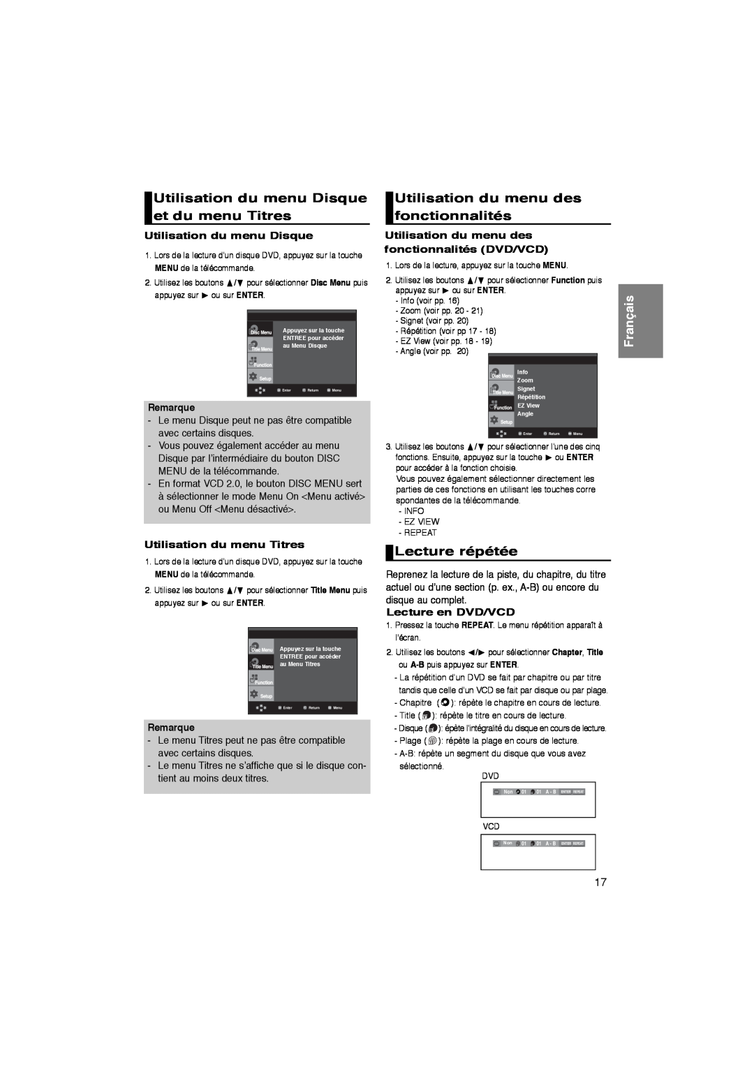 Samsung DVD-P260K/AFR Utilisation du menu Disque et du menu Titres, Utilisation du menu des fonctionnalités, Français 