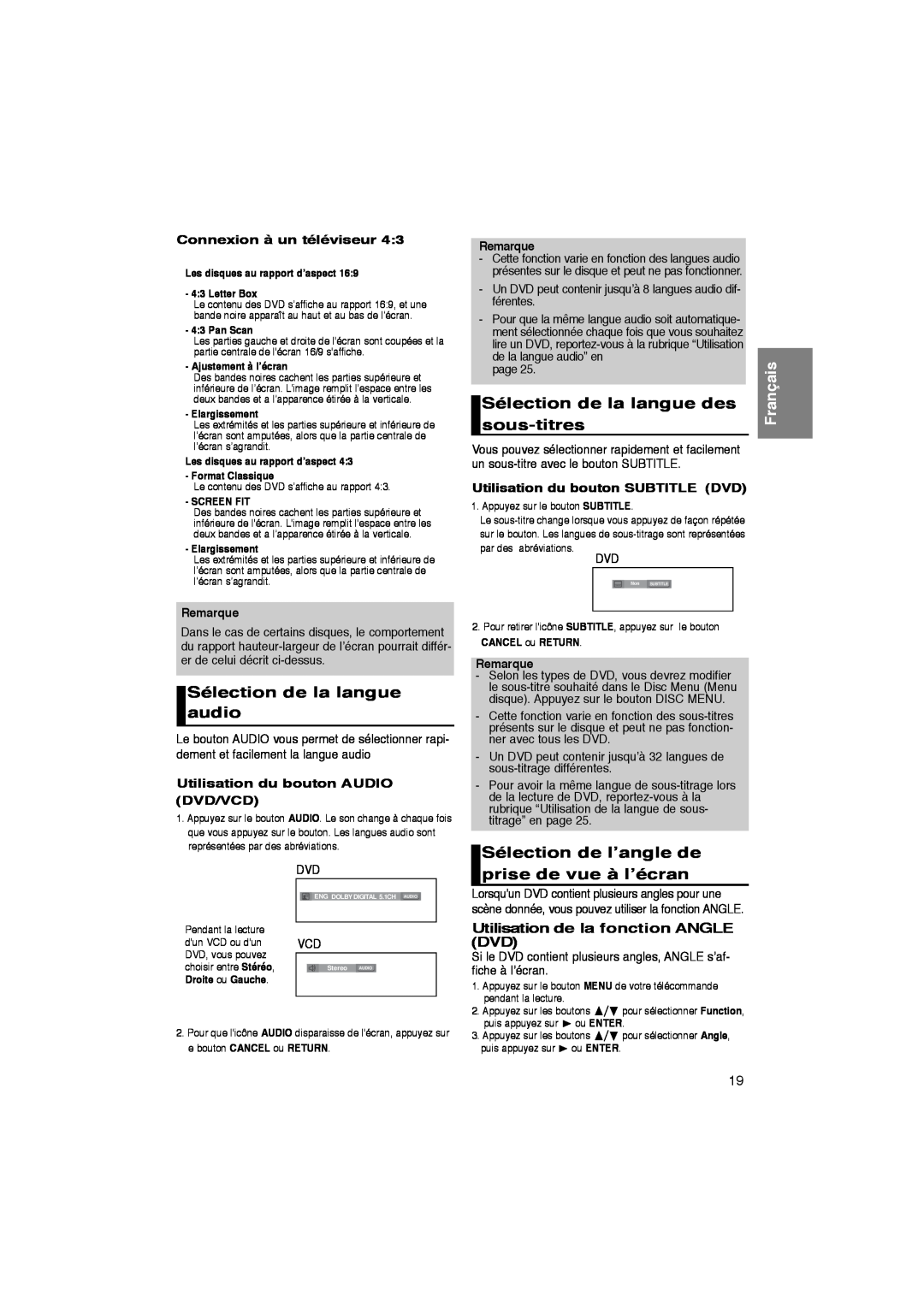 Samsung DVD-P260K/AFR manual Sélection de la langue audio, Sélection de la langue des sous-titres, Français, Remarque 