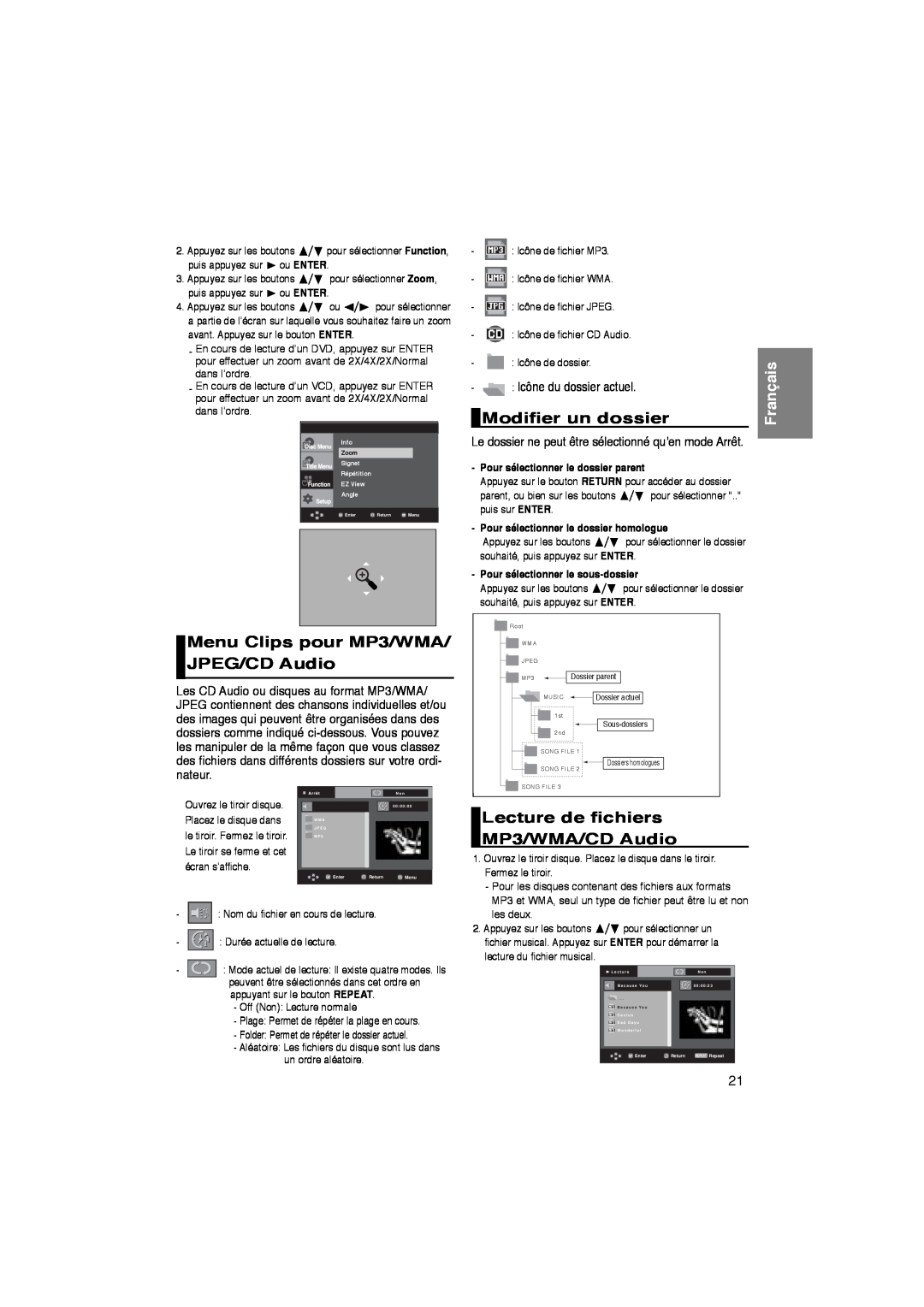 Samsung DVD-P260K/AFR Menu Clips pour MP3/WMA/ JPEG/CD Audio, Modifier un dossier, Lecture de fichiers MP3/WMA/CD Audio 