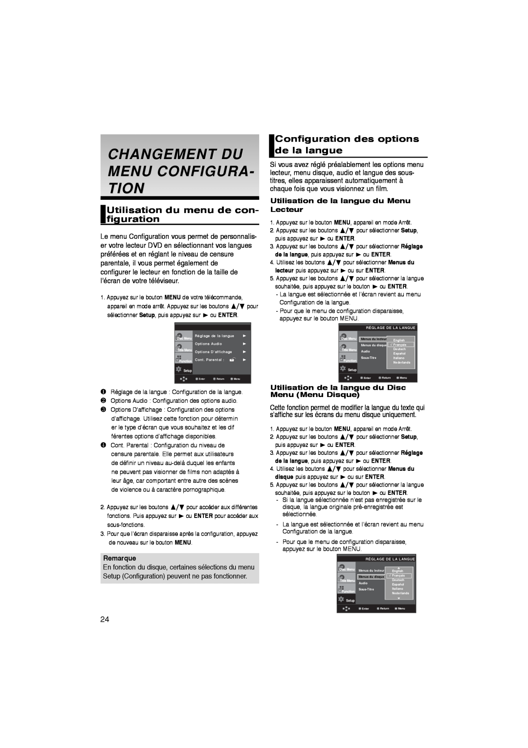 Samsung DVD-P260K/AFR manual Changement Du Menu Configura- Tion, Utilisation du menu de con- figuration, Remarque 