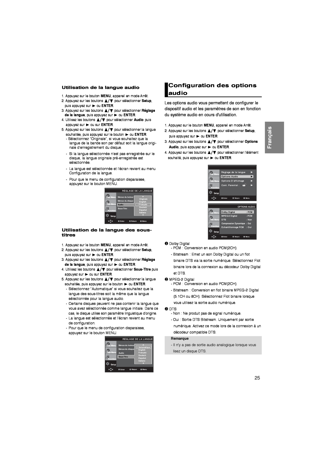 Samsung DVD-P260K/AFR manual Configuration des options audio, Utilisation de la langue audio, Français, ou ENTER, Remarque 