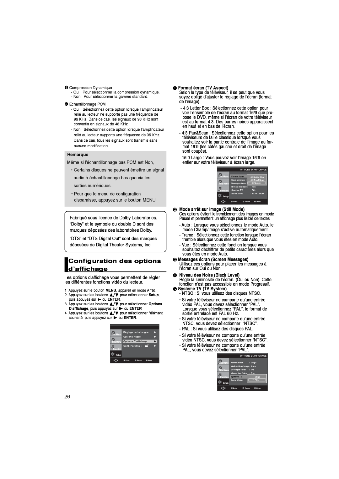 Samsung DVD-P260K/AFR Configuration des options d’affichage, ❶ Format écran TV Aspect, ❷ Mode arrêt sur image Still Mode 