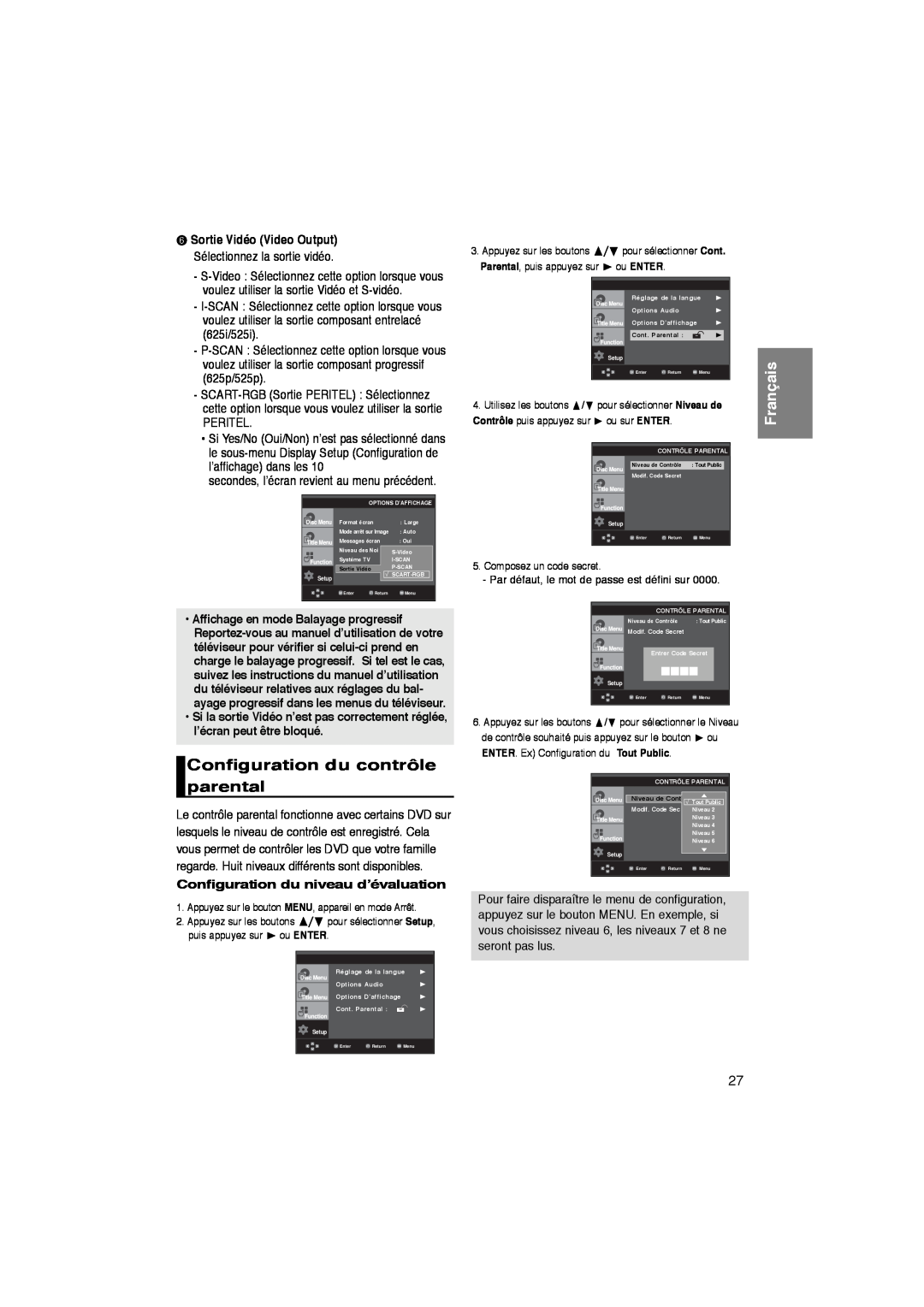 Samsung DVD-P260K/AFR manual Configuration du contrôle parental, Configuration du niveau d’évaluation, Français 