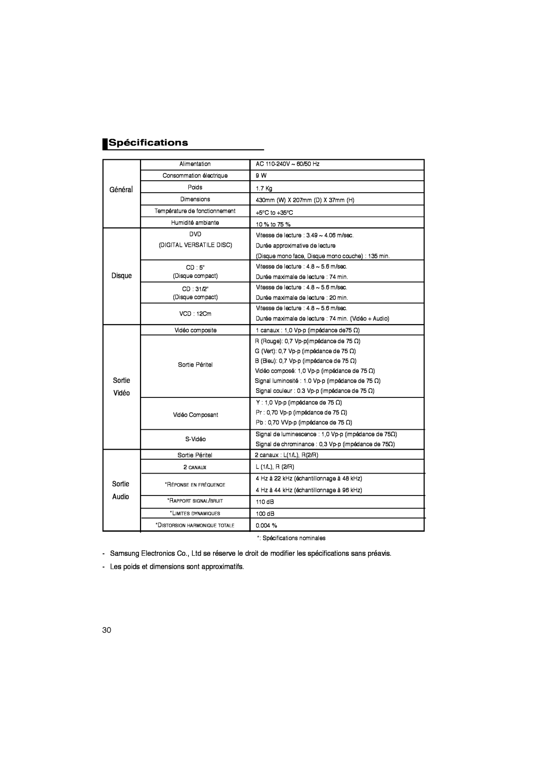 Samsung DVD-P260K/AFR manual Spécifications, Les poids et dimensions sont approximatifs 