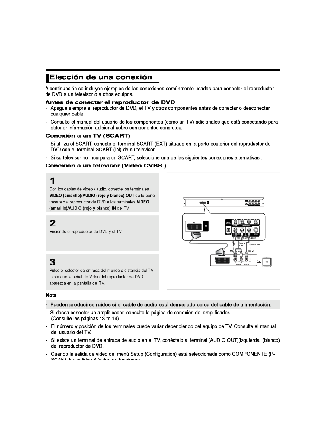 Samsung DVD-P260K/AFR Elección de una conexión, Antes de conectar el reproductor de DVD, Conexión a un TV SCART, Nota 