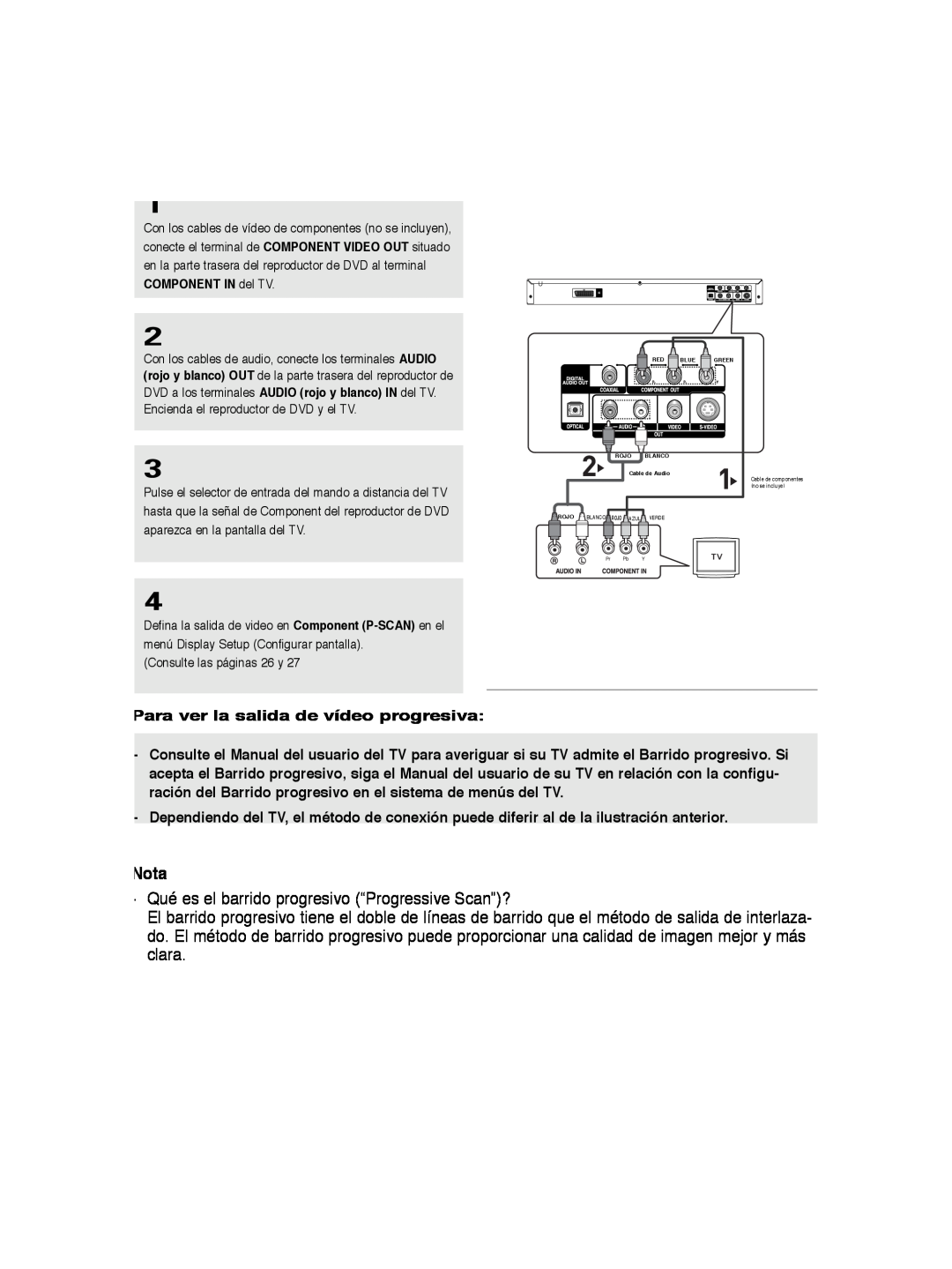 Samsung DVD-P260K/AFR manual Nota, Qué es el barrido progresivo “Progressive Scan”?, Para ver la salida de vídeo progresiva 