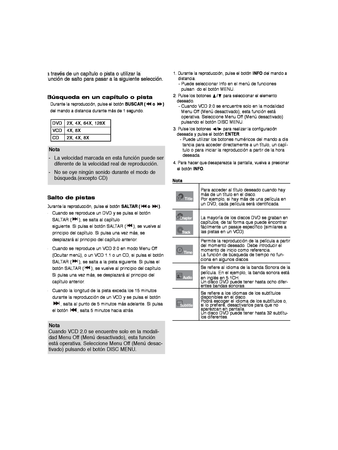 Samsung DVD-P260K/AFR manual Búsqueda en un capítulo o pista, Salto de pistas, Nota 
