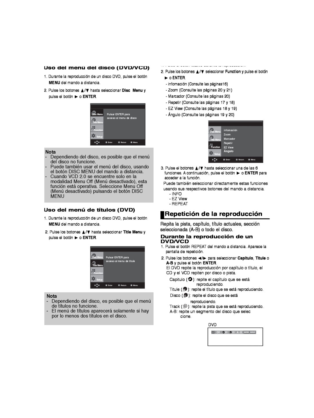 Samsung DVD-P260K/AFR Repetición de la reproducción, Uso del menú del disco DVD/VCD, Uso del menú de títulos DVD, Nota 