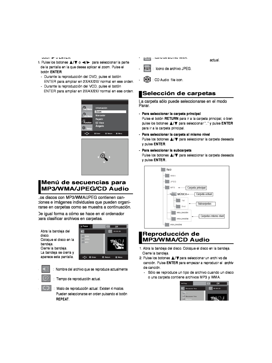 Samsung DVD-P260K/AFR Menú de secuencias para MP3/WMA/JPEG/CD Audio, Selección de carpetas, Icono de archivo JPEG, o ENTER 