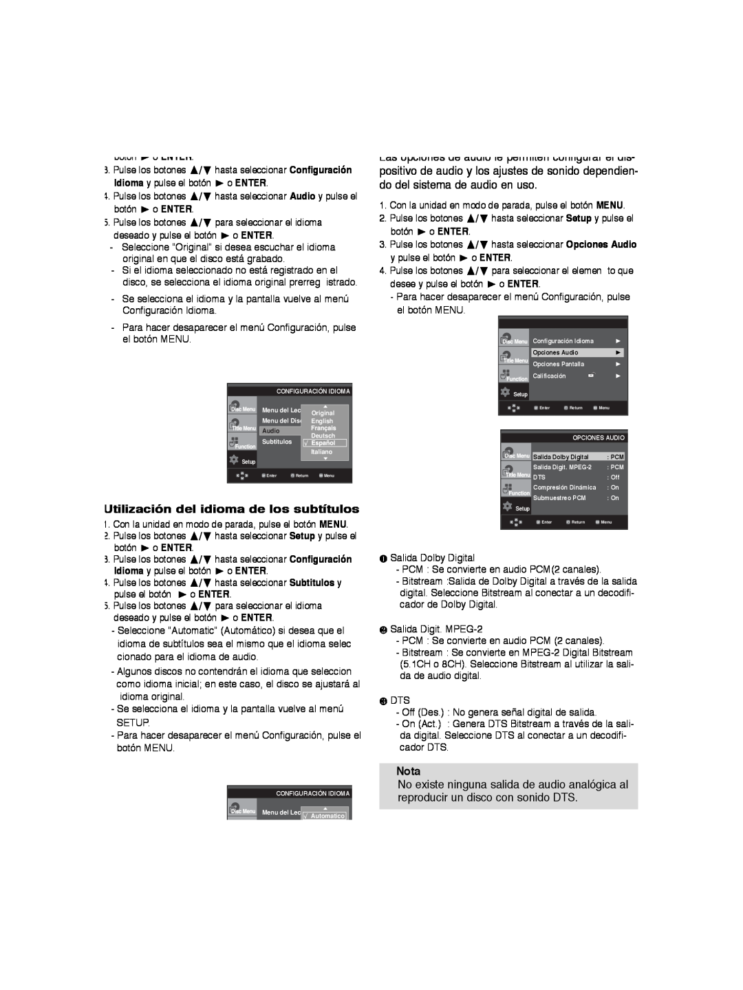 Samsung DVD-P260K/AFR manual Utilización del idioma de los subtítulos, Nota, Opciones Audio 