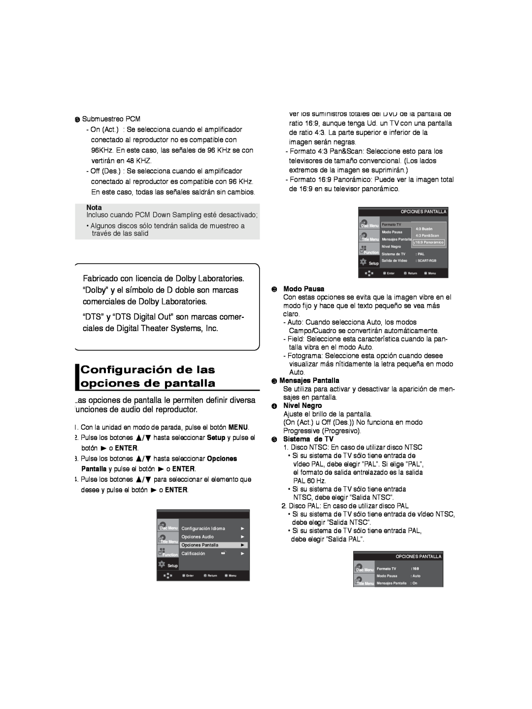 Samsung DVD-P260K/AFR manual Configuración de las opciones de pantalla, Nota, o ENTER, ❷ Modo Pausa, ❸ Mensajes Pantalla 