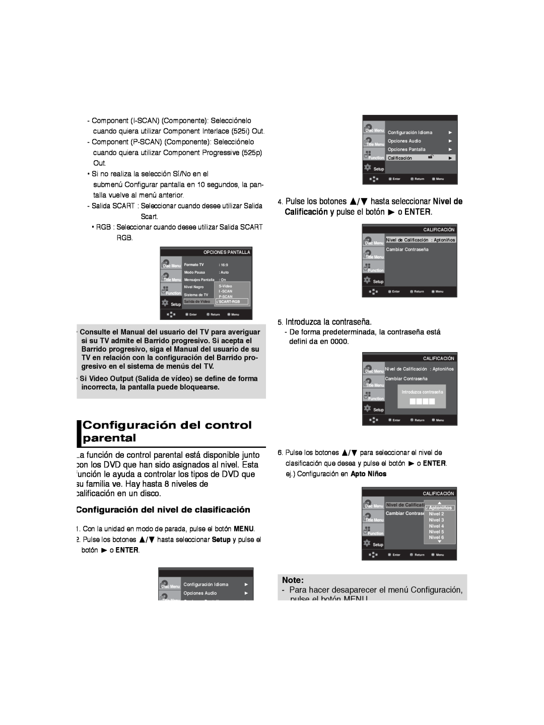 Samsung DVD-P260K/AFR manual Configuración del control parental, Configuración del nivel de clasificación, o ENTER, botón 