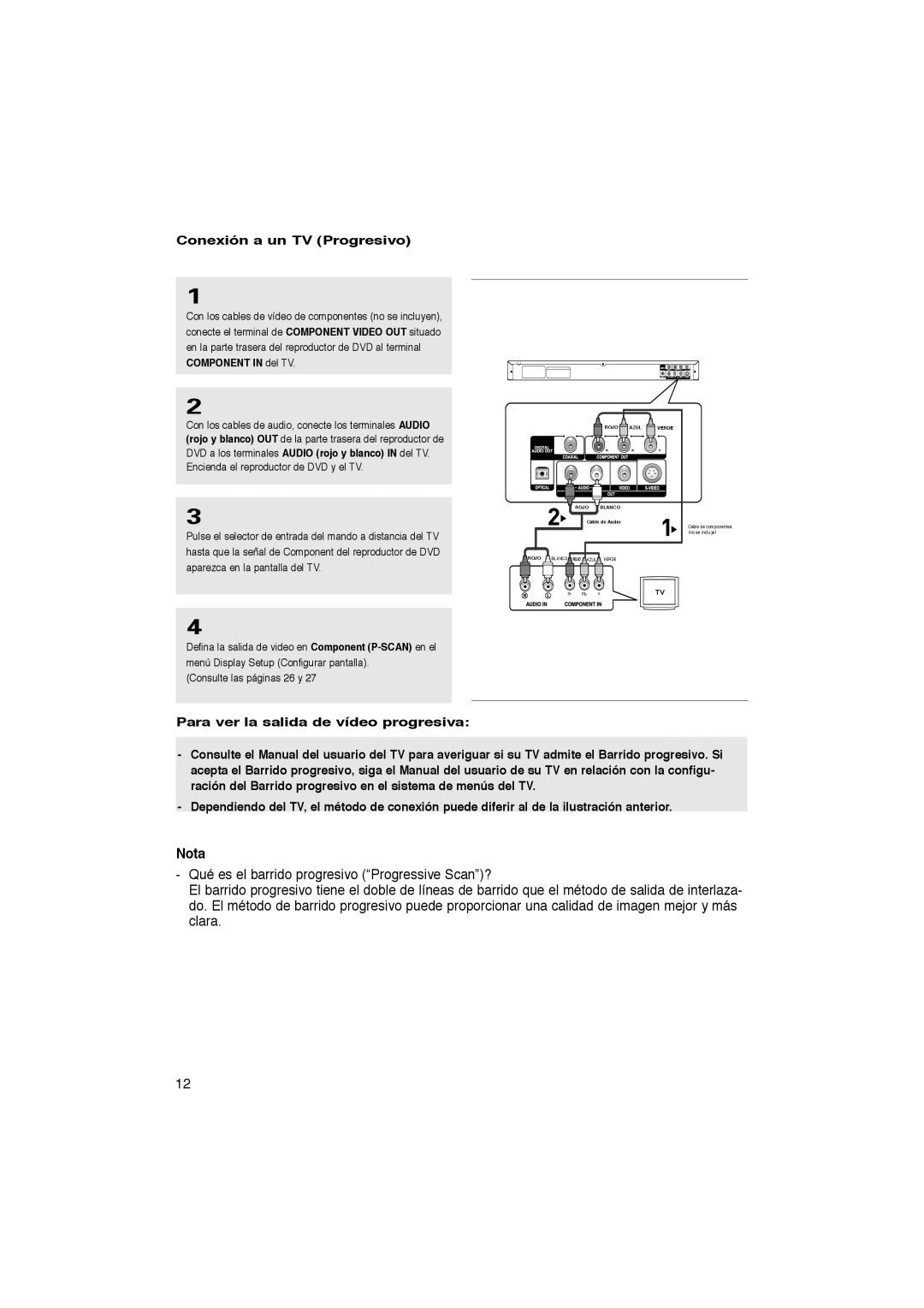 Samsung DVD-P270K manual Nota, Conexión a un TV Progresivo 