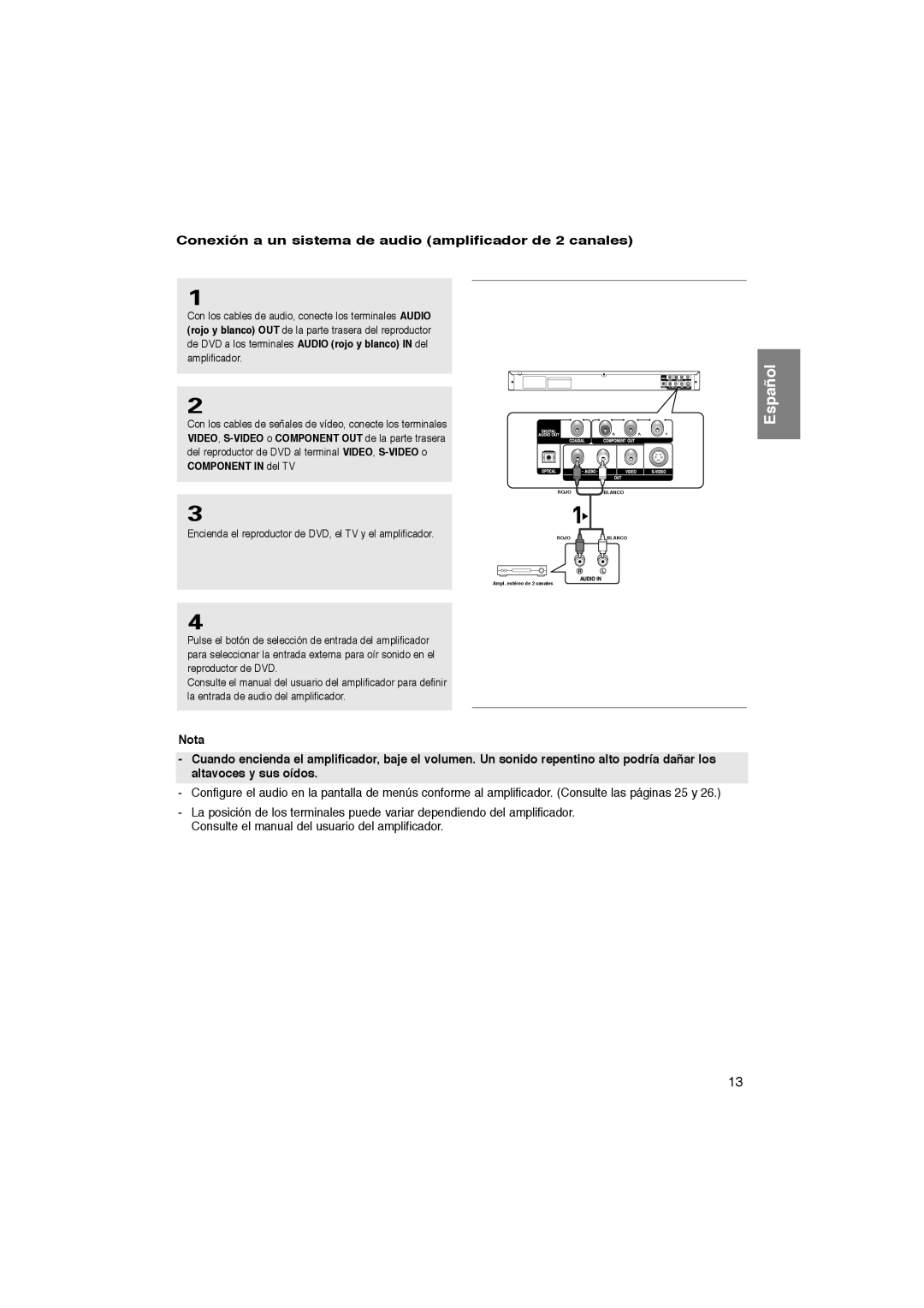 Samsung DVD-P270K manual Conexión a un sistema de audio amplificador de 2 canales, Nota 