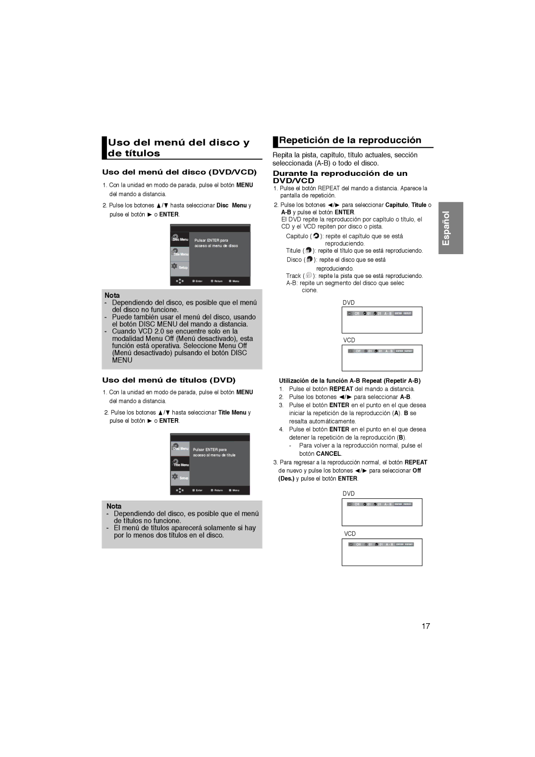 Samsung DVD-P270K manual Uso del menú del disco y de títulos, Repetición de la reproducción, Uso del menú del disco DVD/VCD 