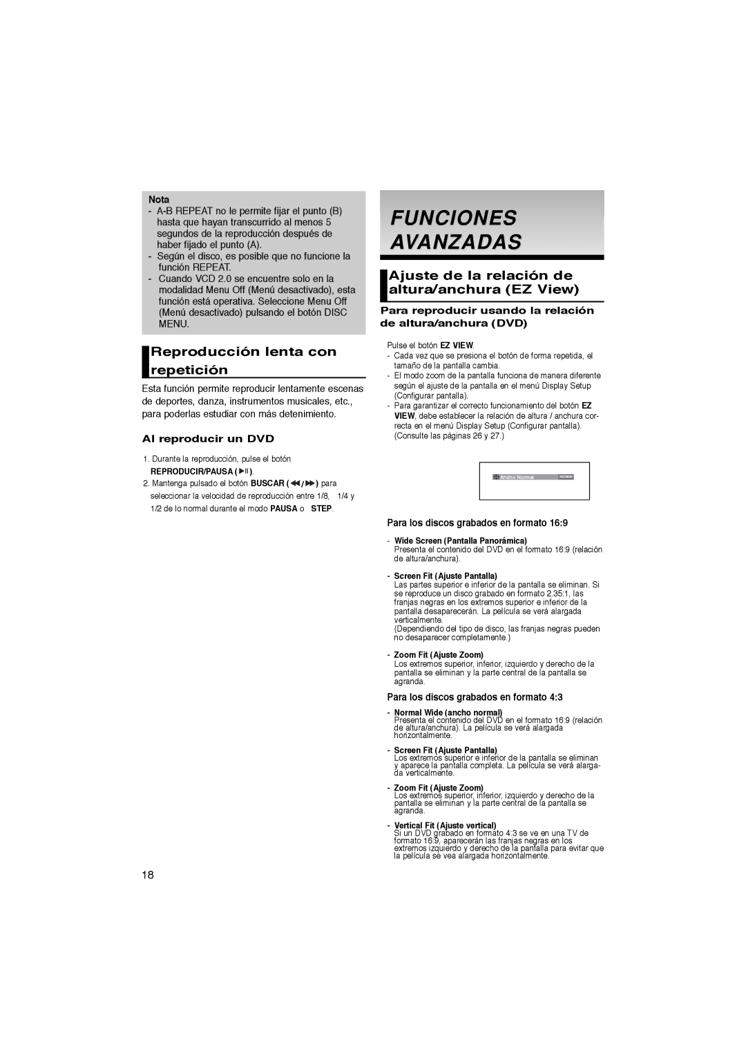 Samsung DVD-P270K Funciones Avanzadas, Reproducción lenta con repetición, Ajuste de la relación de altura/anchura EZ View 