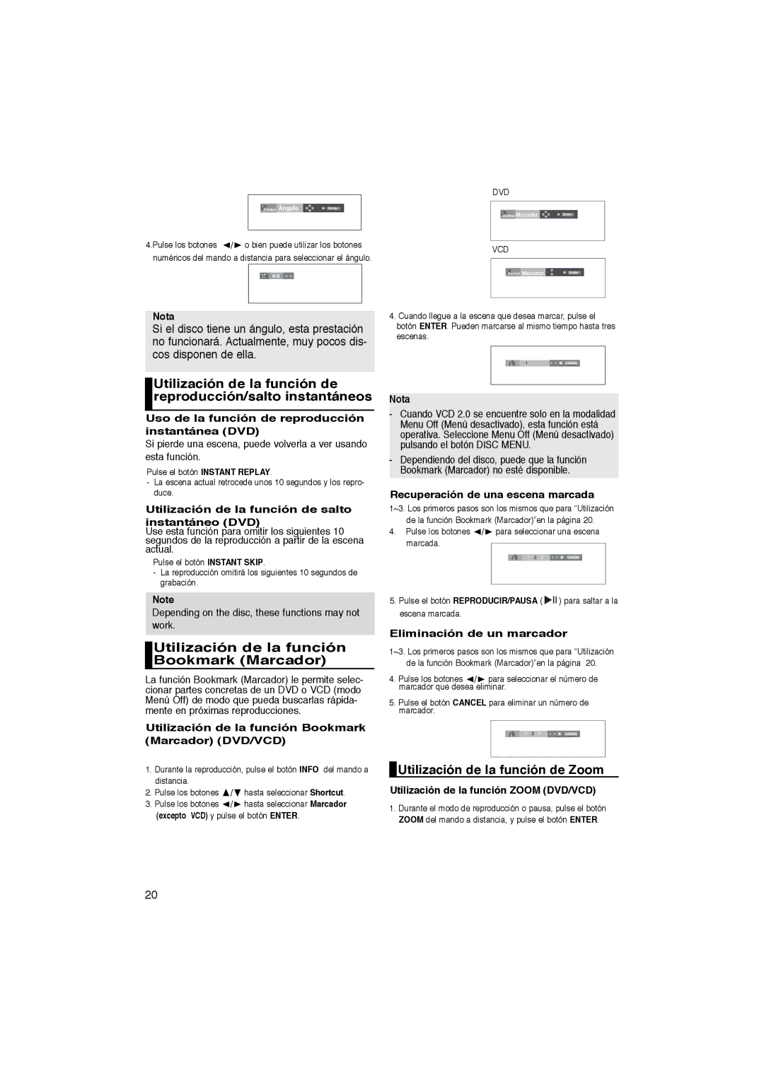 Samsung DVD-P270K manual Utilización de la función Bookmark Marcador, Utilización de la función de Zoom 