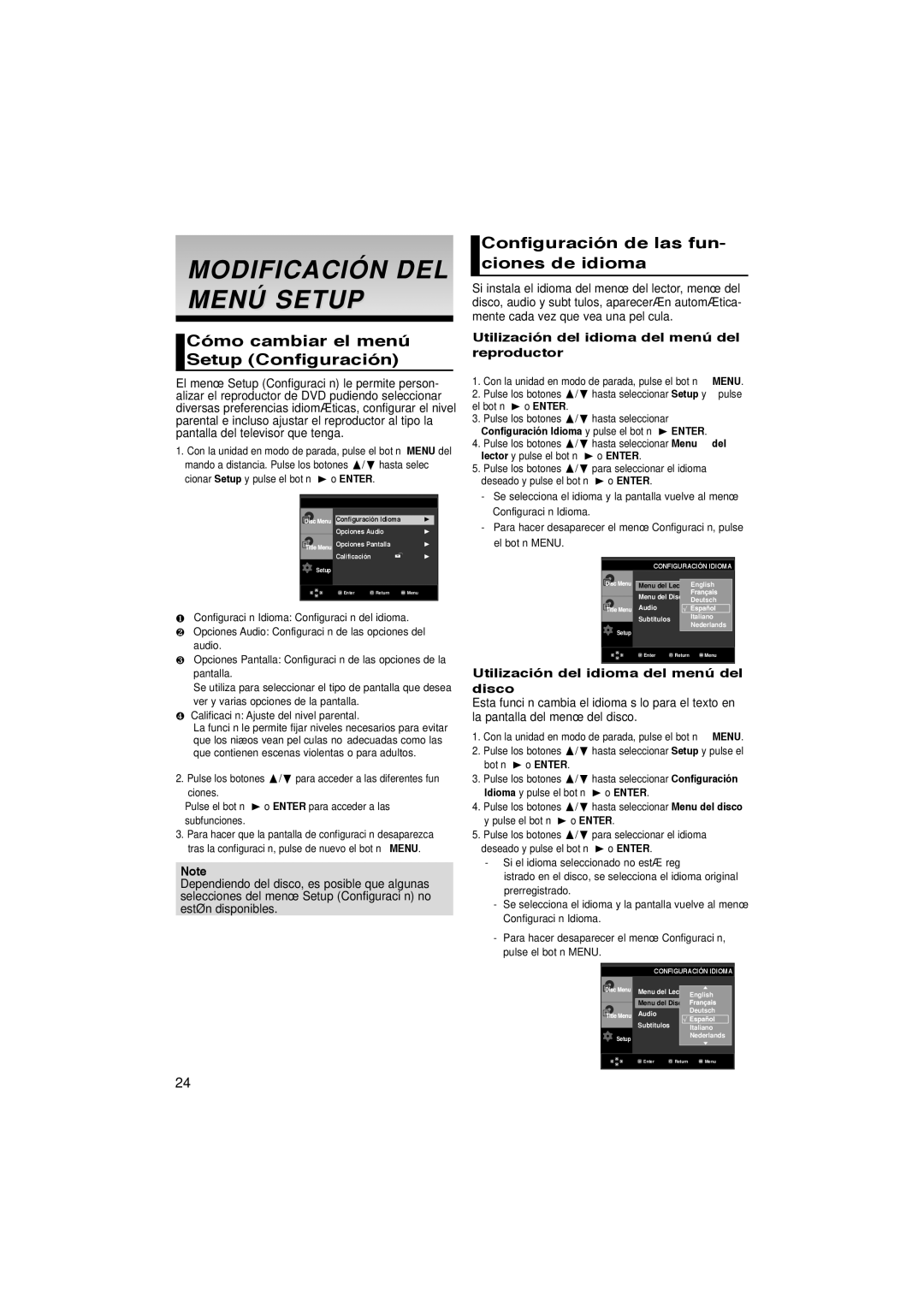 Samsung DVD-P270K manual Modificación DEL Menú Setup, Cómo cambiar el menú Setup Configuración 