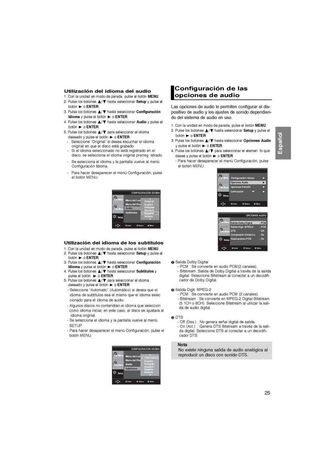 Samsung DVD-P270K manual Configuración de las opciones de audio, Utilización del idioma del audio, Botón 