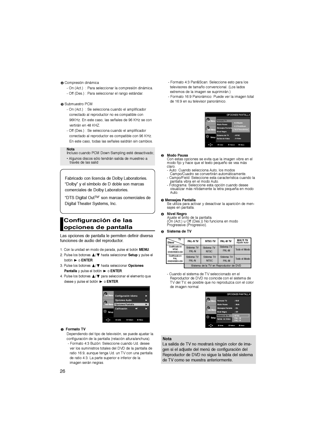 Samsung DVD-P270K manual Configuración de las opciones de pantalla 