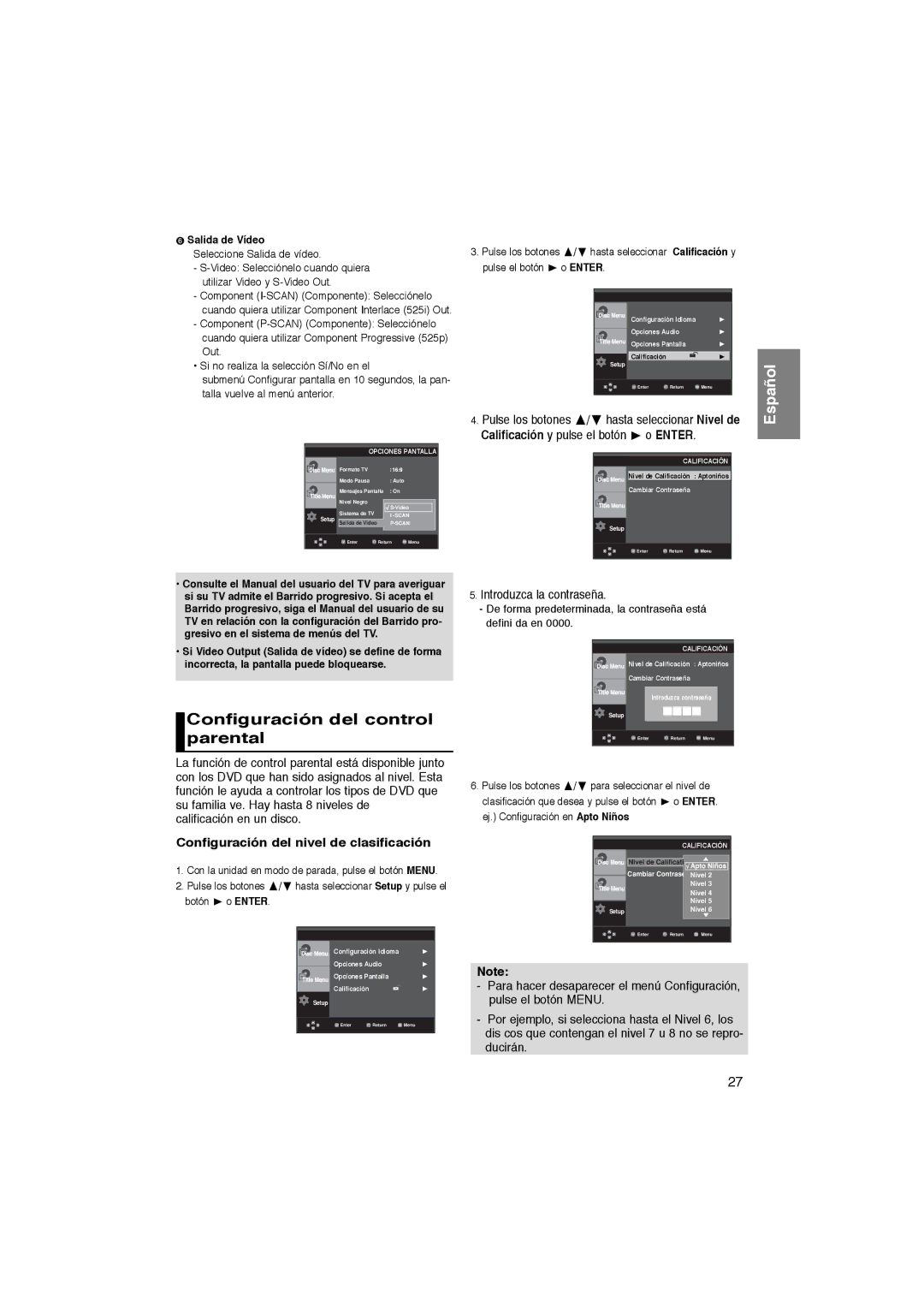 Samsung DVD-P270K manual Configuración del control parental, Configuración del nivel de clasificación, ➏ Salida de Vídeo 