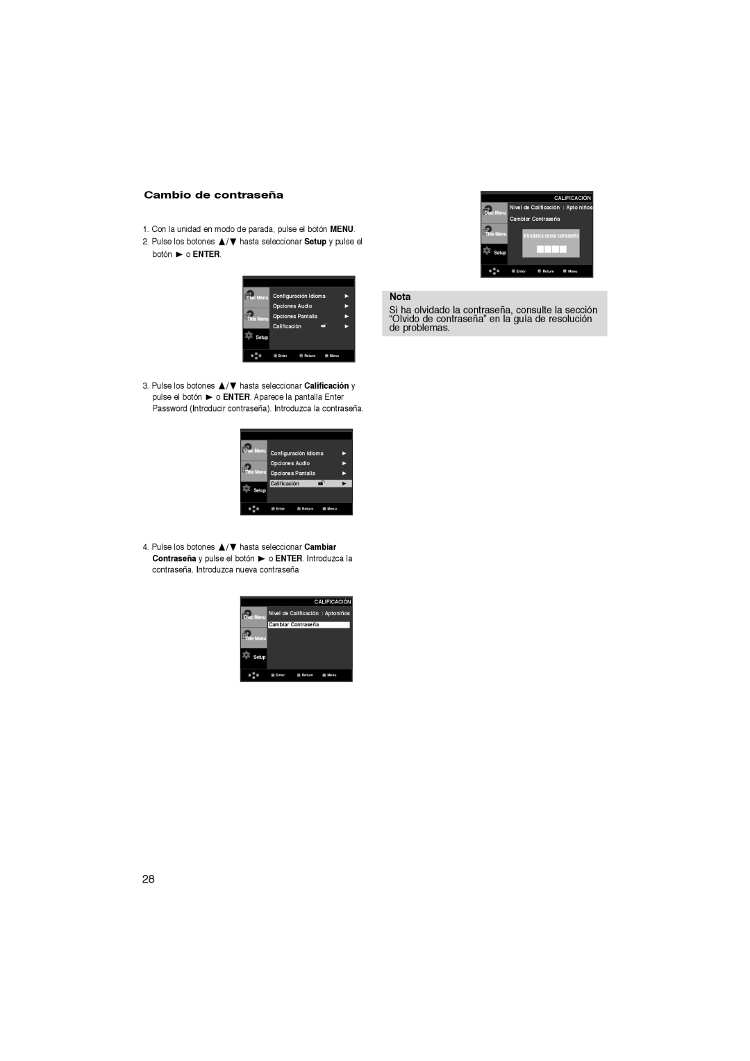 Samsung DVD-P270K manual Cambio de contraseña, Hasta seleccionar Calificación y 