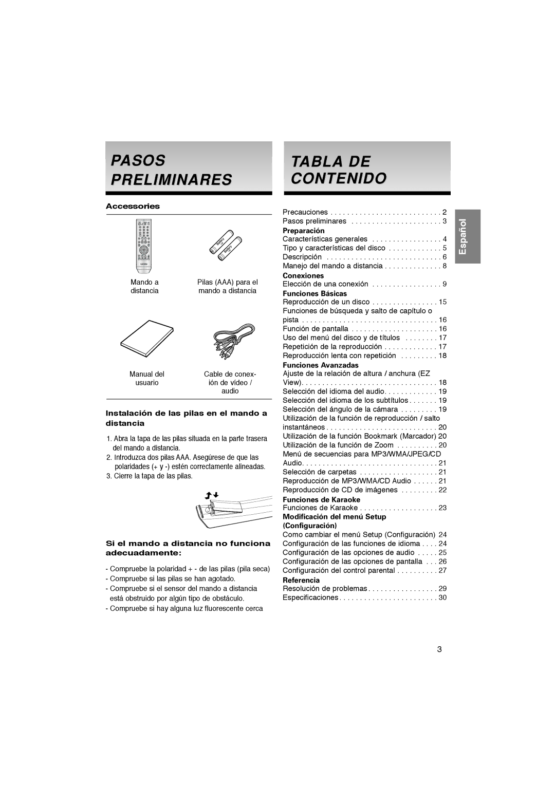 Samsung DVD-P270K Pasos Preliminares, Tabla DE Contenido, Accessories, Instalación de las pilas en el mando a distancia 