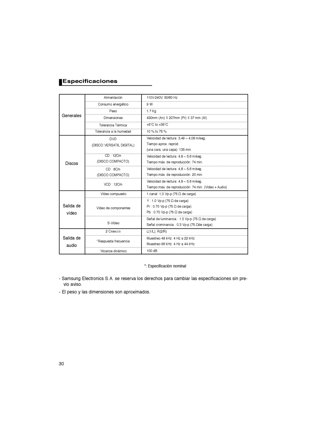 Samsung DVD-P270K manual Especificaciones 