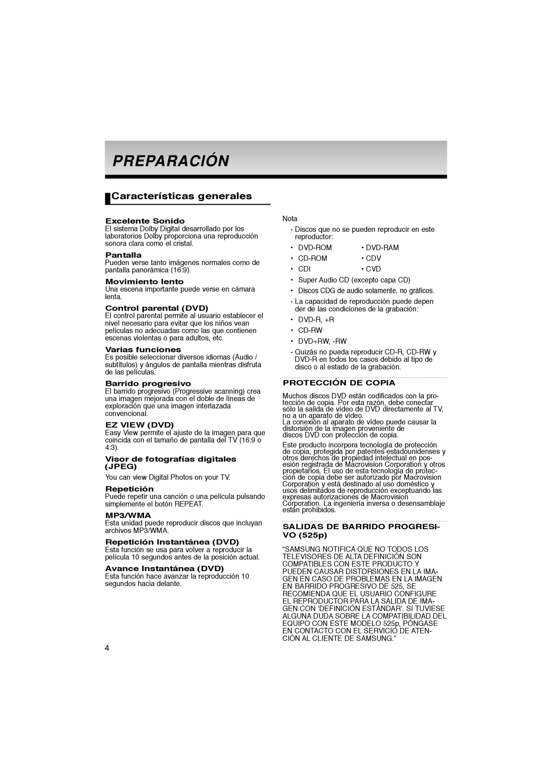 Samsung DVD-P270K manual Preparación, Características generales 