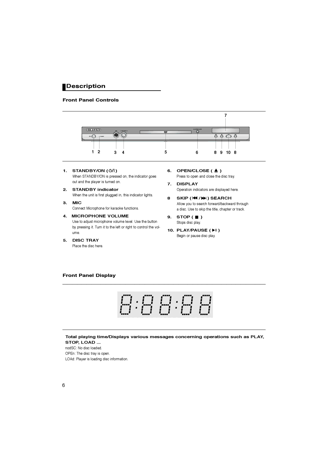 Samsung DVD-P270K manual Description, Front Panel Controls, Front Panel Display 