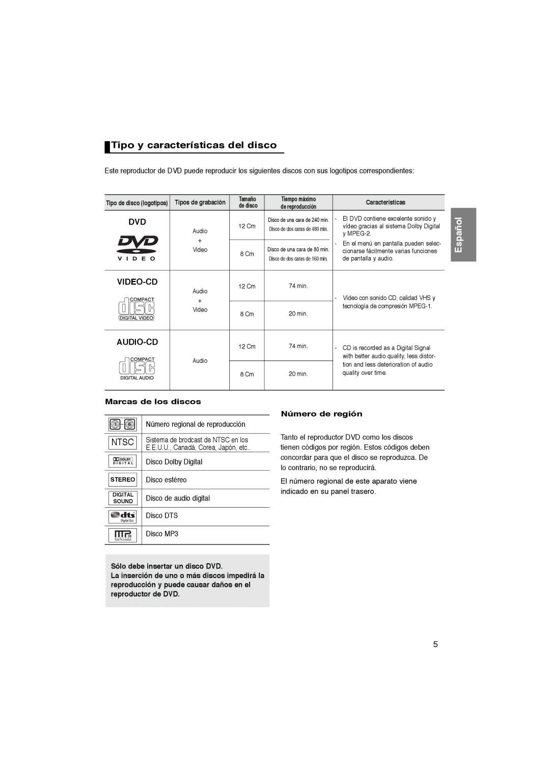 Samsung DVD-P270K manual Tipo y características del disco, Marcas de los discos, Número de región 