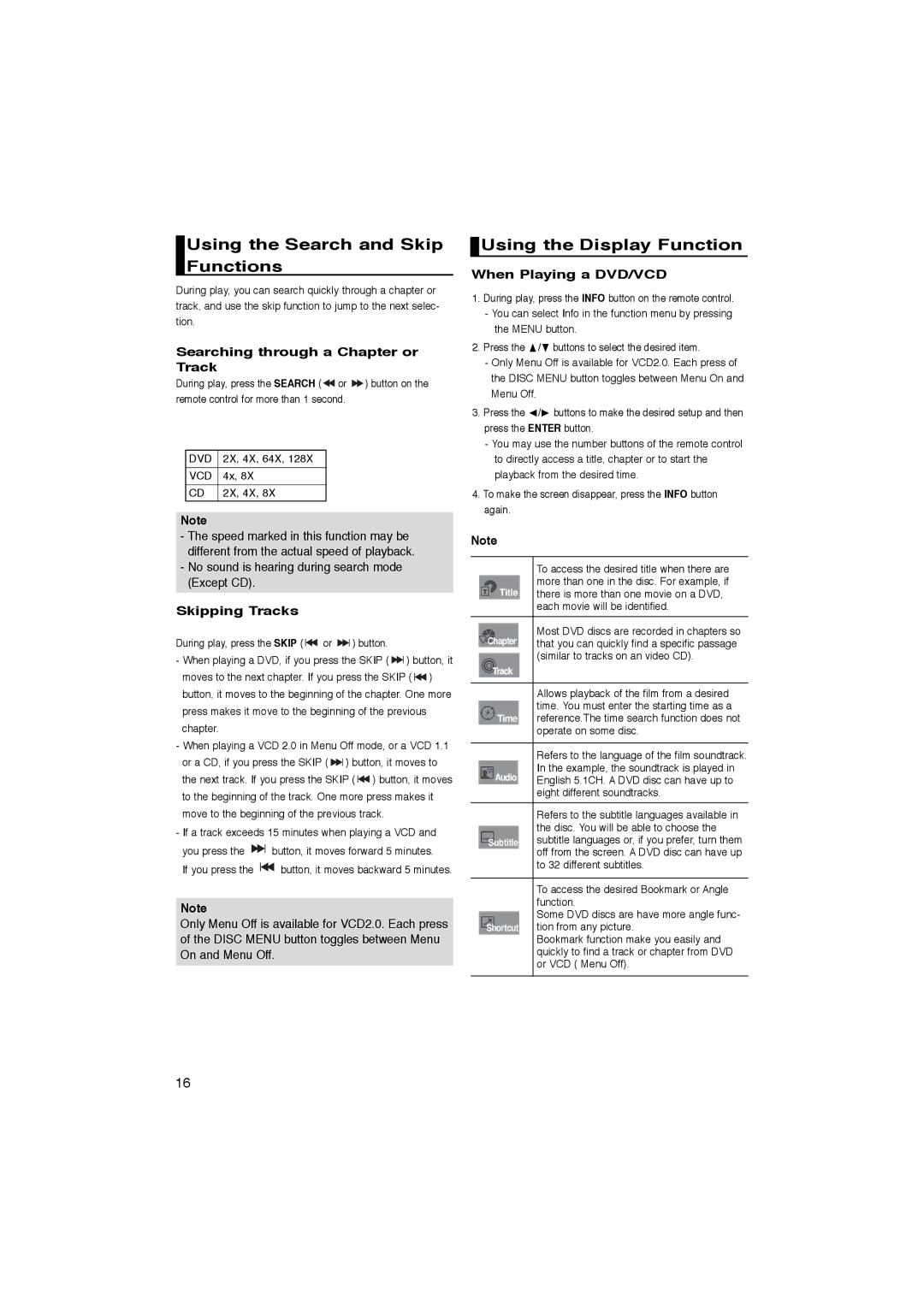 Samsung DVD-P270K Using the Search and Skip Functions, Using the Display Function, Searching through a Chapter or Track 