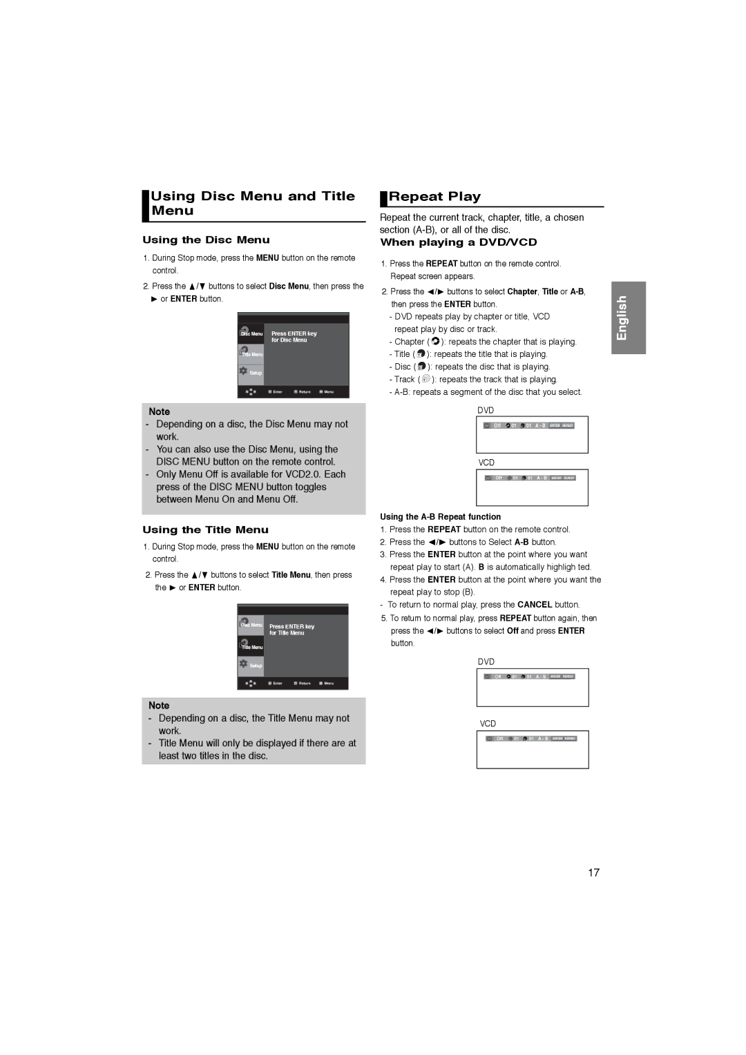 Samsung DVD-P270K manual Using Disc Menu and Title Menu, Repeat Play, Using the Disc Menu, Using the Title Menu 