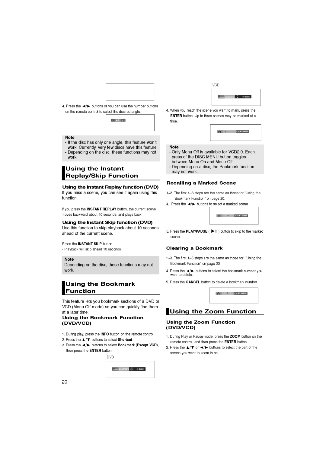 Samsung DVD-P270K manual Using the Instant Replay/Skip Function, Using the Bookmark Function, Using the Zoom Function 