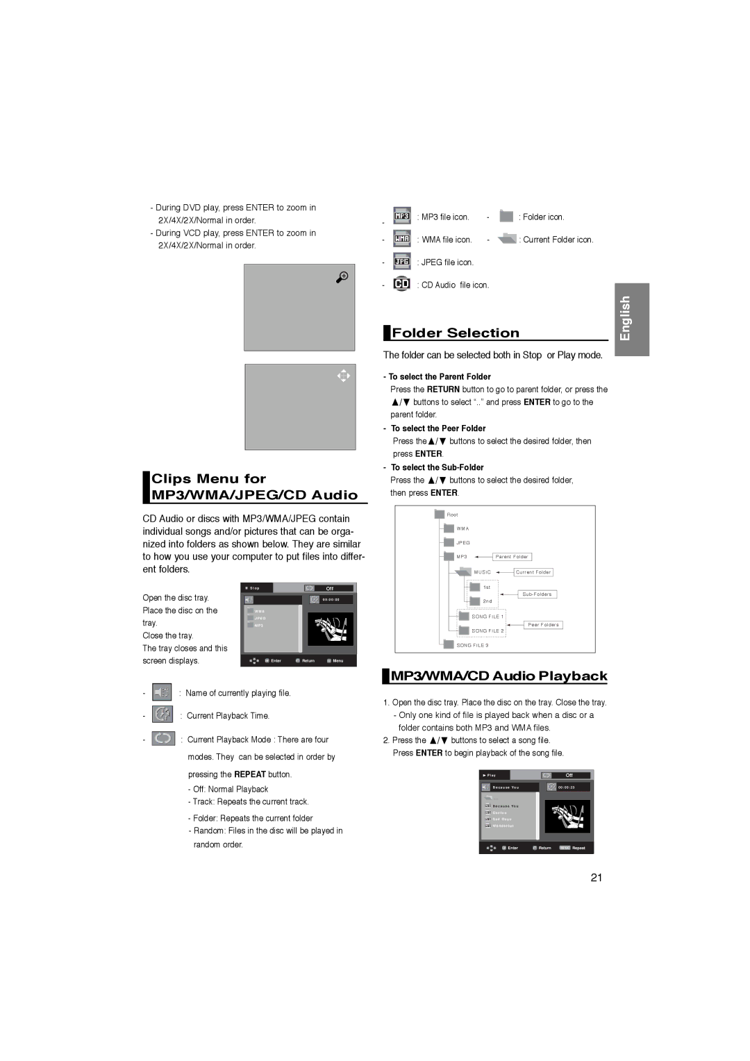 Samsung DVD-P270K manual Clips Menu for MP3/WMA/JPEG/CD Audio, Folder Selection, MP3/WMA/CD Audio Playback 