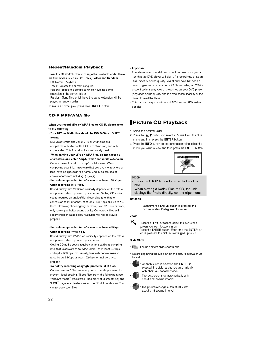 Samsung DVD-P270K manual Picture CD Playback, Repeat/Random Playback, CD-R MP3/WMA file, Rotation, Slide Show 