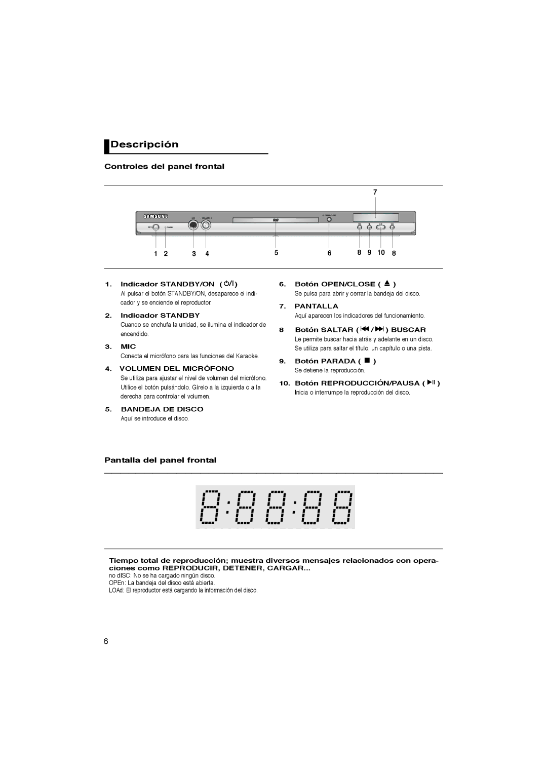 Samsung DVD-P270K manual Descripción, Controles del panel frontal, Pantalla del panel frontal 