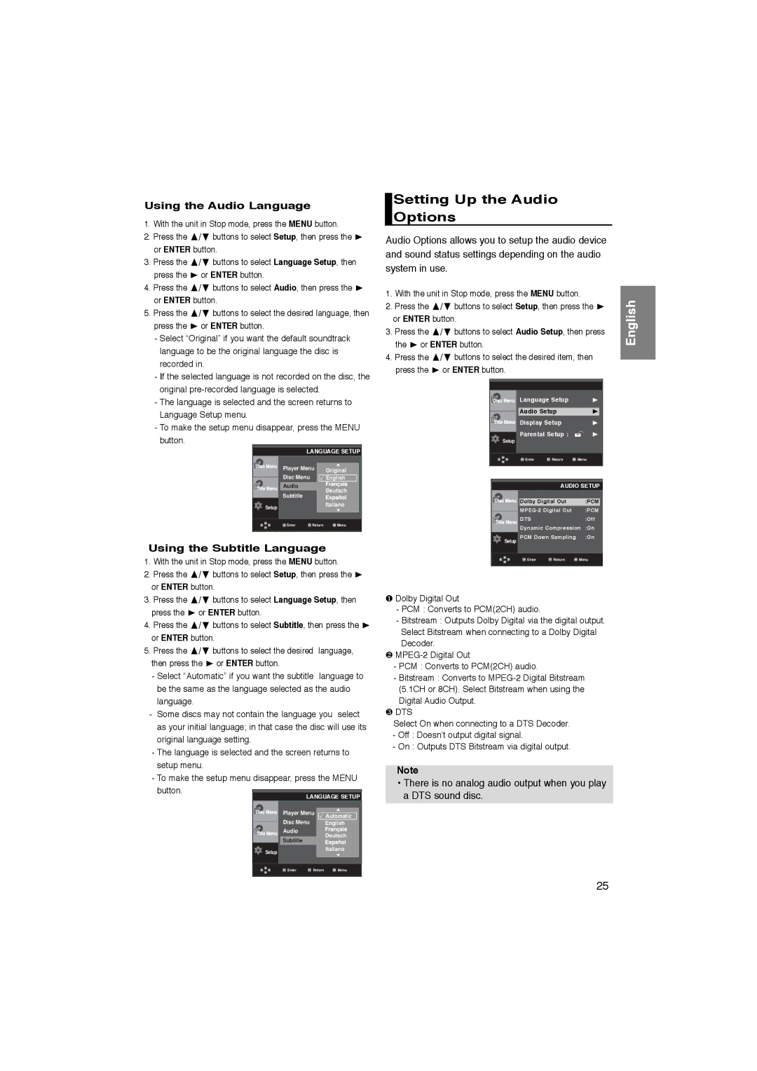 Samsung DVD-P270K manual Setting Up the Audio Options, Using the Audio Language, Using the Subtitle Language 