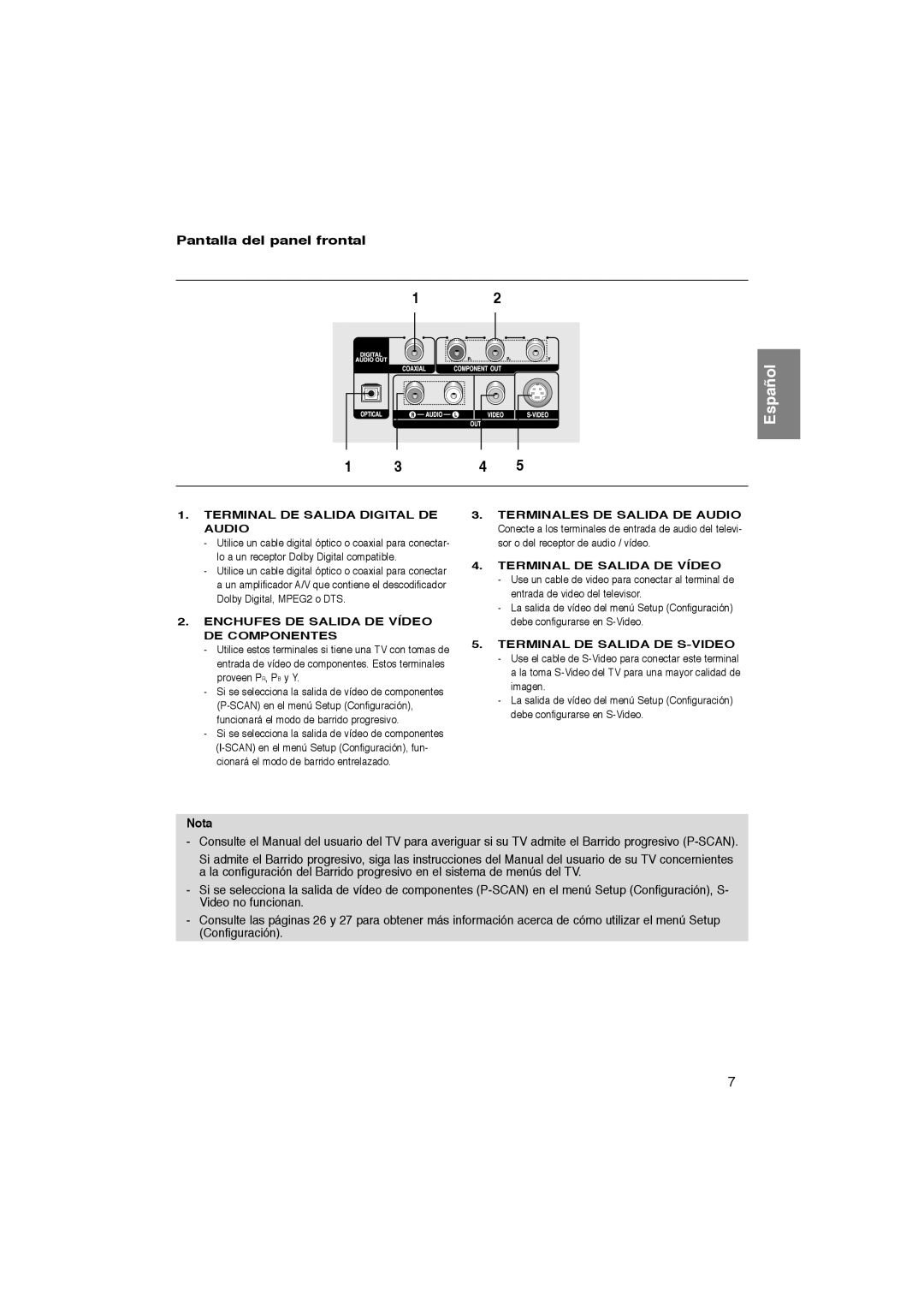 Samsung DVD-P270K manual Nota, Terminal DE Salida Digital DE Audio 