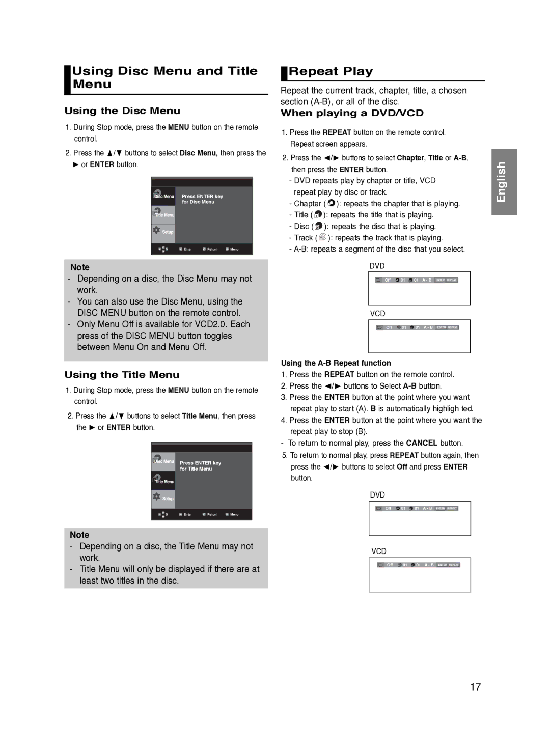 Samsung DVD-P270K/XSV manual Using Disc Menu and Title Menu, Repeat Play, Using the Disc Menu, Using the Title Menu 