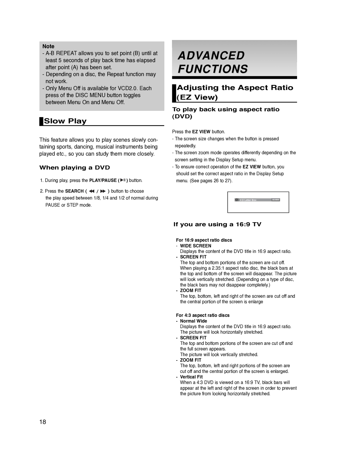 Samsung DVD-P270K/XSV manual Advanced Functions, Slow Play, Adjusting the Aspect Ratio EZ View 