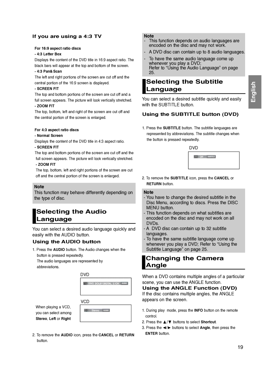 Samsung DVD-P270K/XSV manual Selecting the Audio Language, Selecting the Subtitle Language, Changing the Camera Angle 